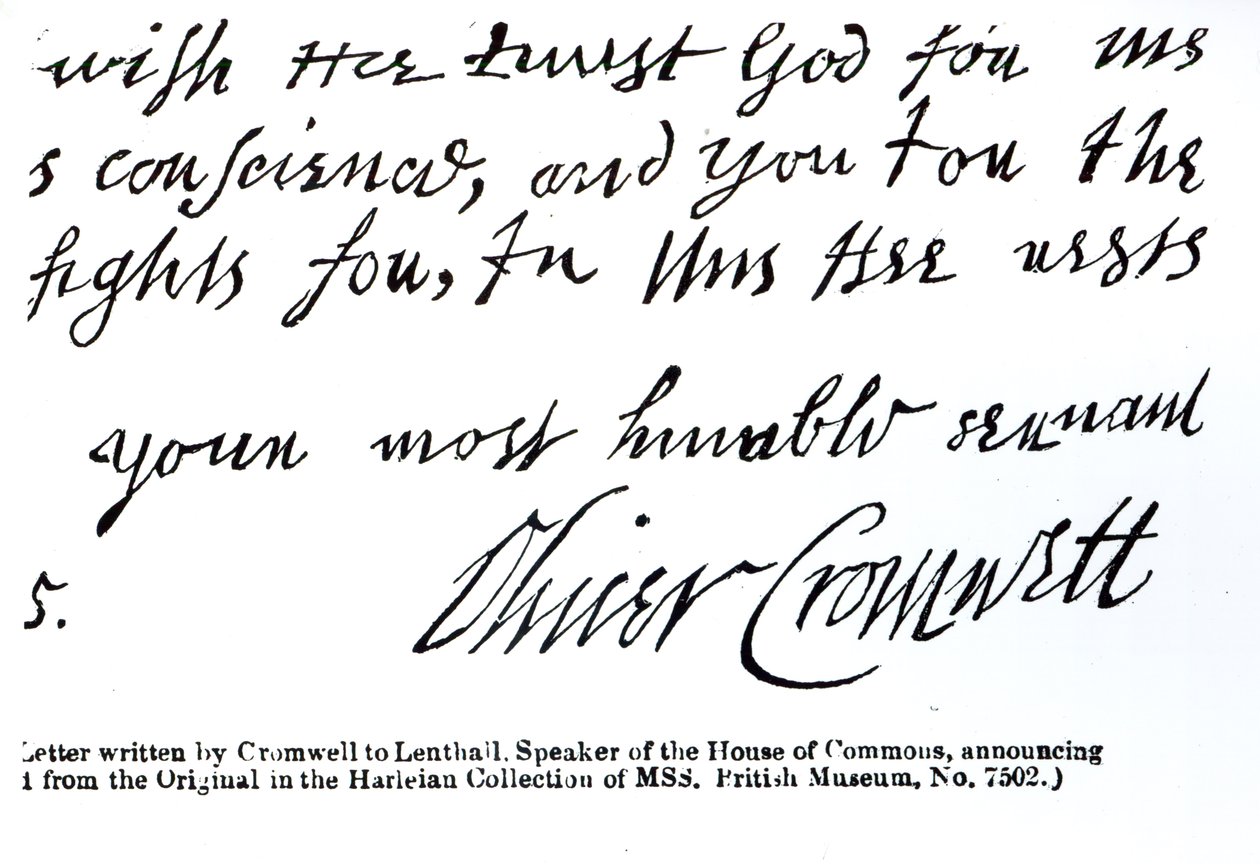 Underskrift af Oliver Cromwell (1599-1658), fra et håndskrevet brev til Lenthall, formand for Underhuset (pen og blæk på papir) af English School