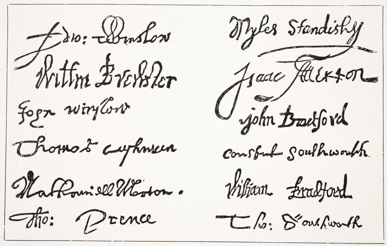 Pilgrimsfædrenes signaturer, illustration fra Hutchinsons Story of the British Nation, ca. 1923 af English School
