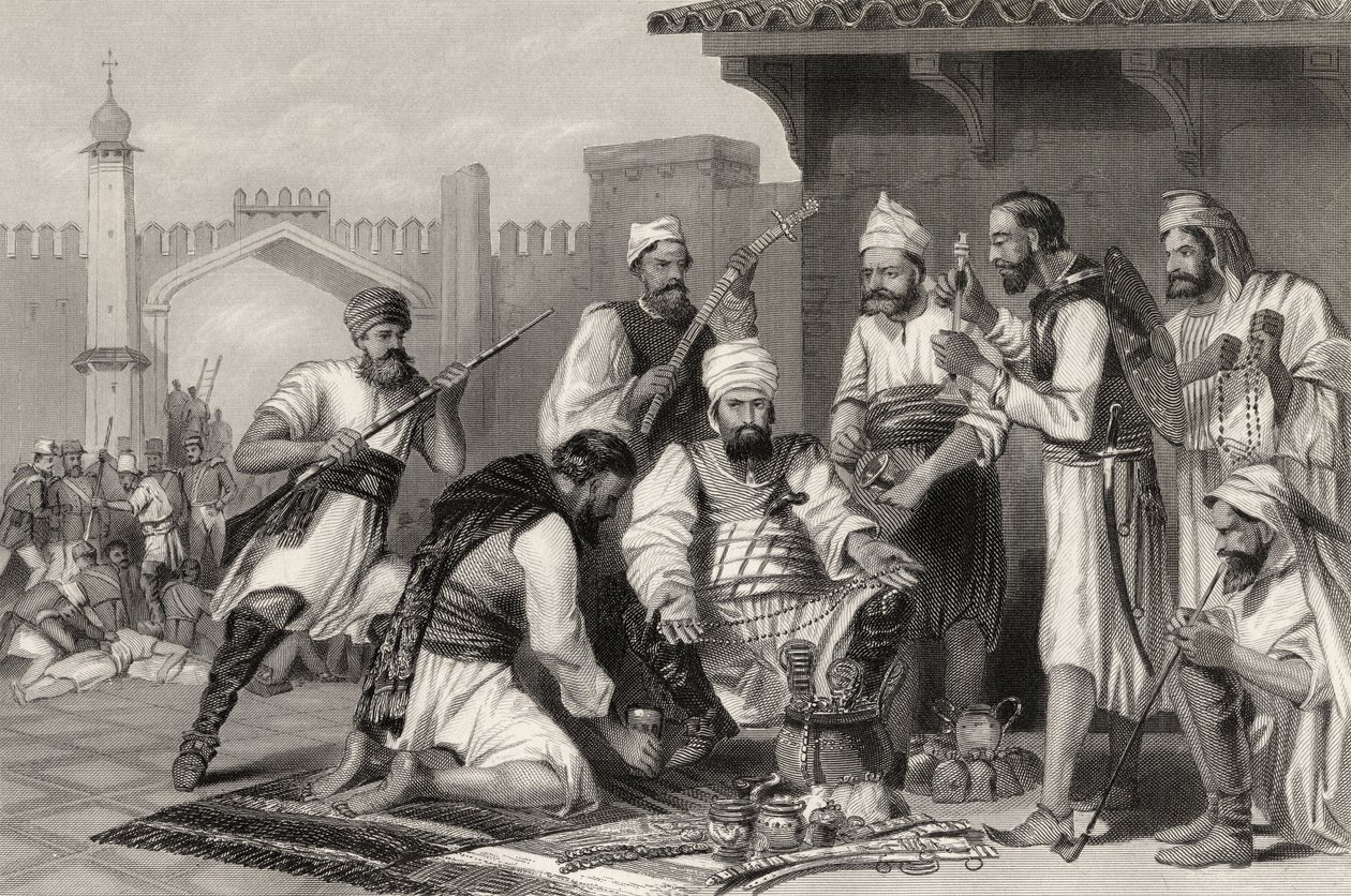 Sikh-tropper fordeler byttet fra mytteristerne, fra "The History of the Indian Mutiny", udgivet i 1858 af English School