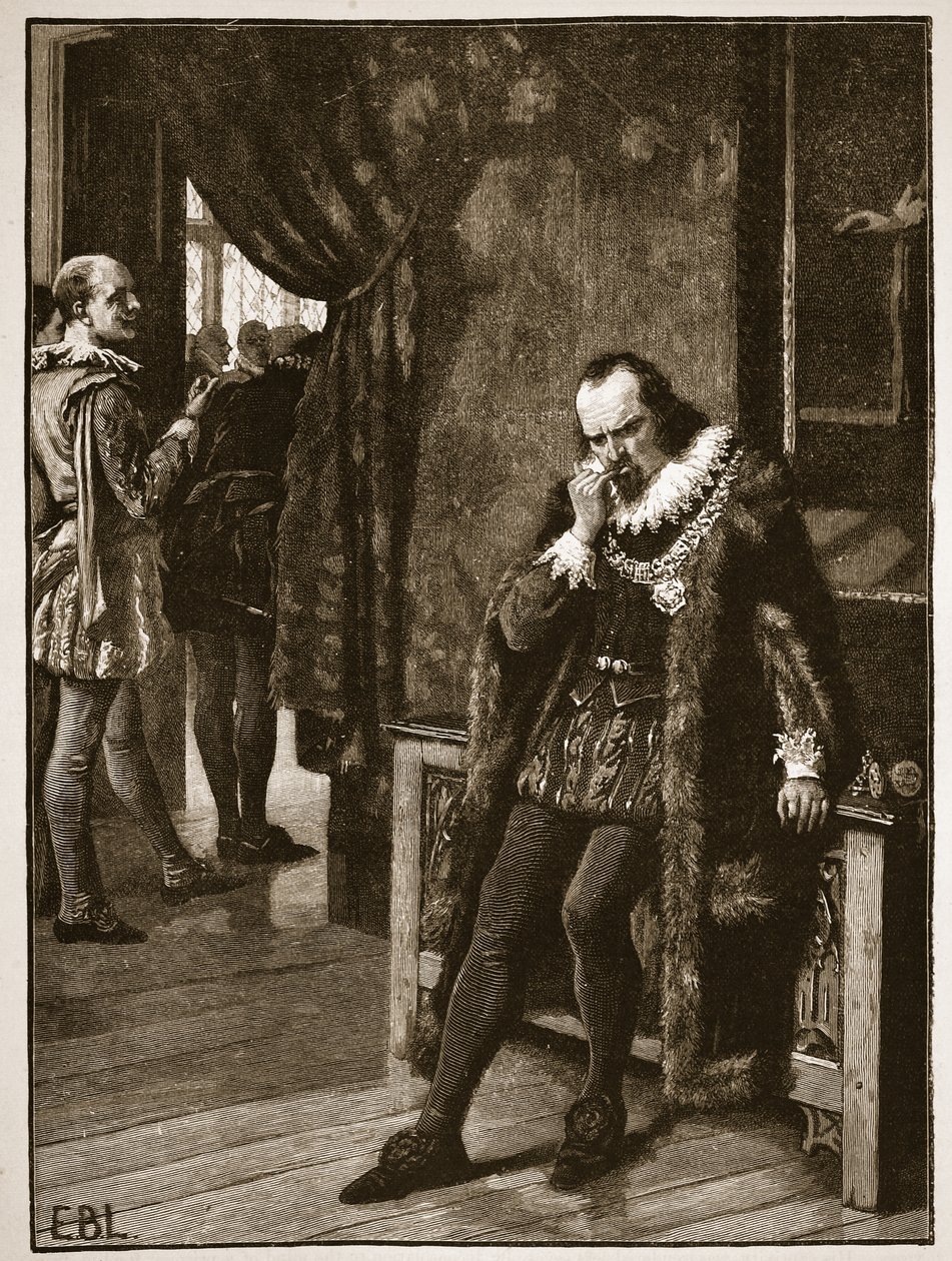 Sir Francis Bacon venter på et publikum af Buckingham, illustration fra Cassells Illustrated History of England (sepia foto) af English School
