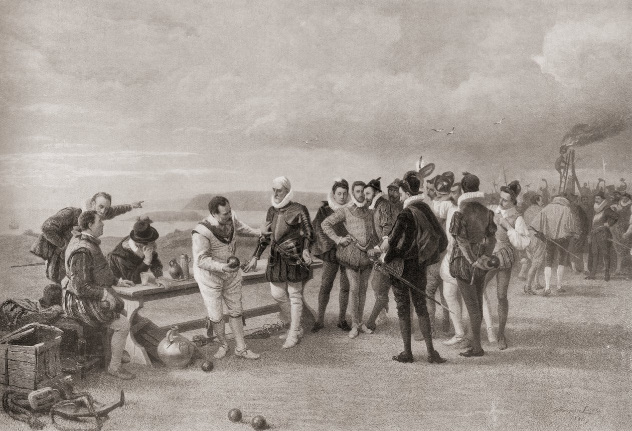 Sir Francis Drake spiller bowls med den spanske armada i sigte ved Plymouth Hoe, England i 1588. af English School