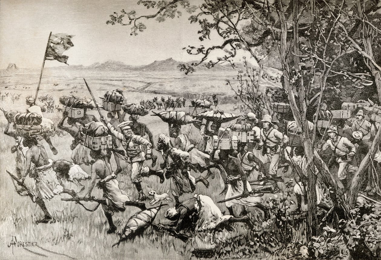 Sir Henry Morton Stanley og hans mænd kom endelig ud af skoven og ind på græslandet i 1887 under deres Emin Pasha-hjælpeekspedition i Afrika. af English School