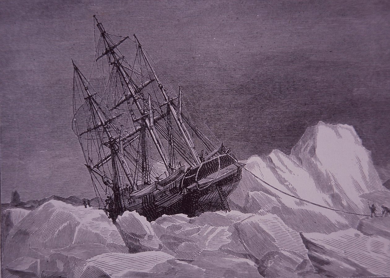 Sir John Franklin, ekspedition i 1845 for at finde Nordvestpassagen, skib Terror fast i is, slutningen af det 19. århundrede (gravering) af English School