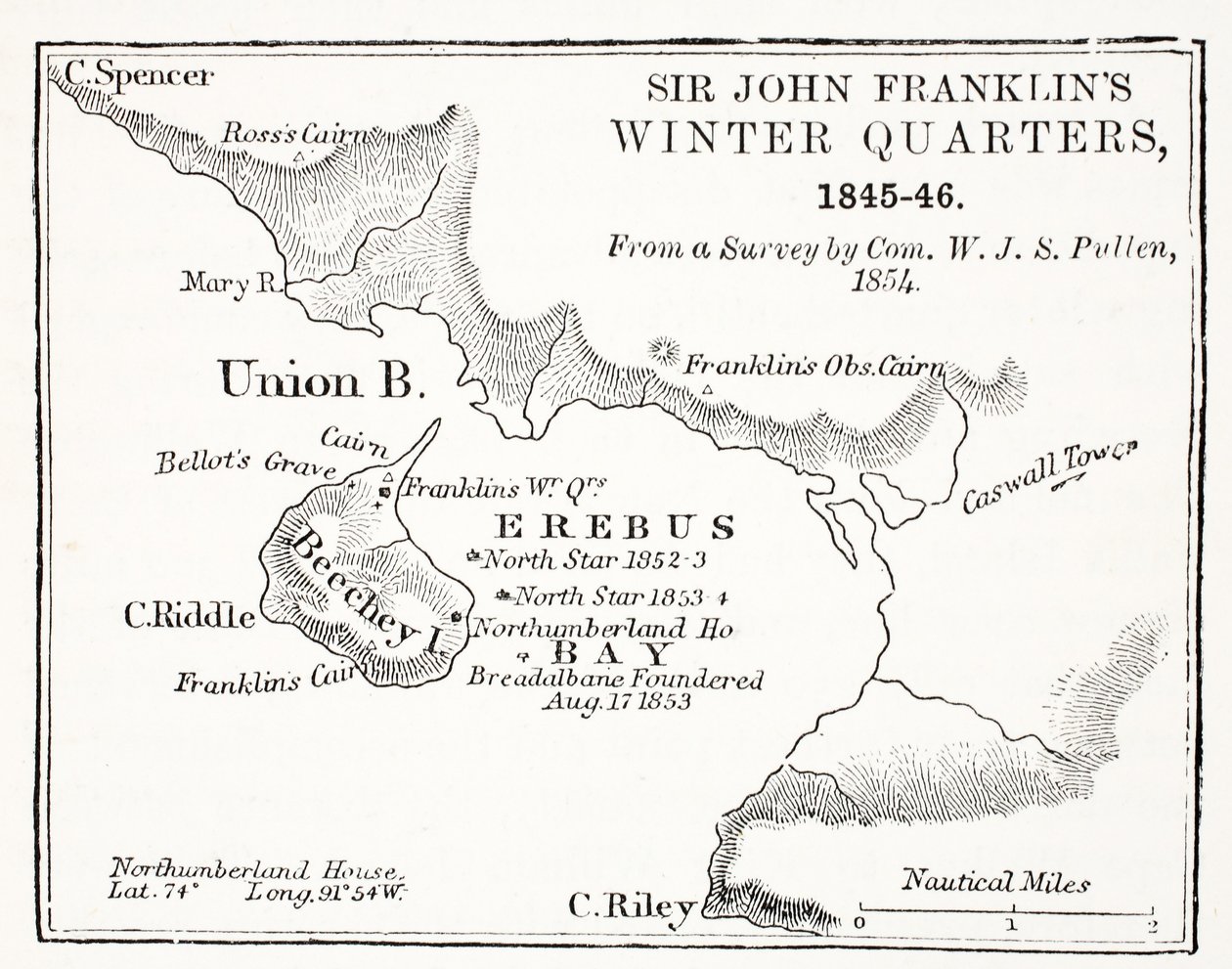 Sir John Franklins Winter Quarters, 1845-1846 fra en undersøgelse af Com. W.J.S. Pullen 1854, pub. 1854 af English School