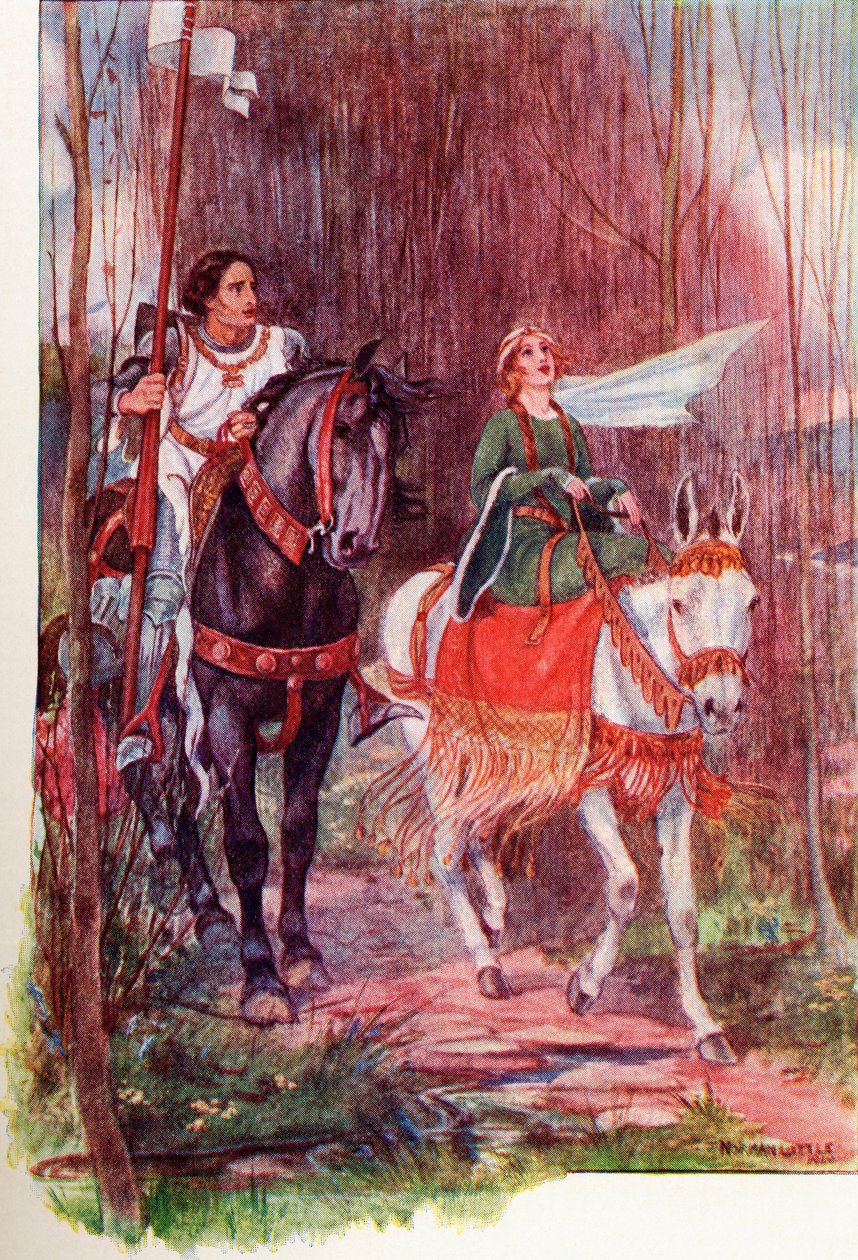 Sir Lancelot og Dronning Guinevere. Farvet illustration fra bogen The Gateway to Tennyson udgivet 1910. af English School