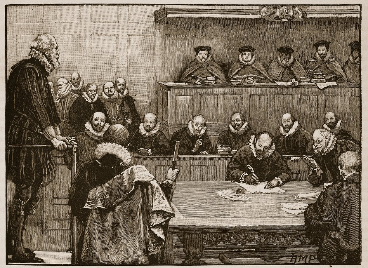 Sir Walter Raleigh før dommerne, illustration fra Cassells Illustrated History of England (sepiafoto) af English School