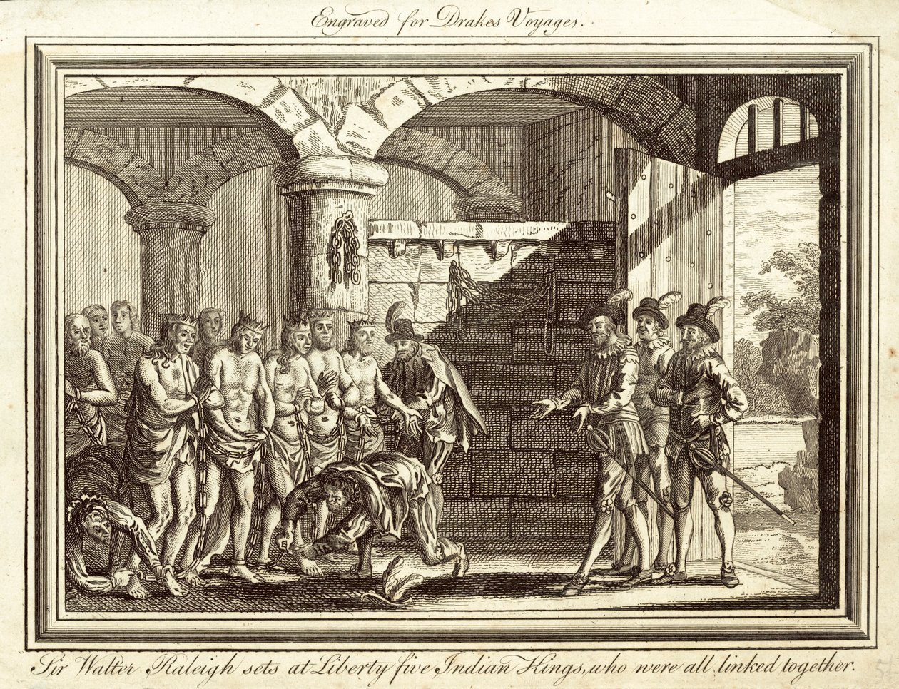 Sir Walter Raleigh frigiver fem indiske konger, som alle var forbundet med hinanden (kobberstik) af English School