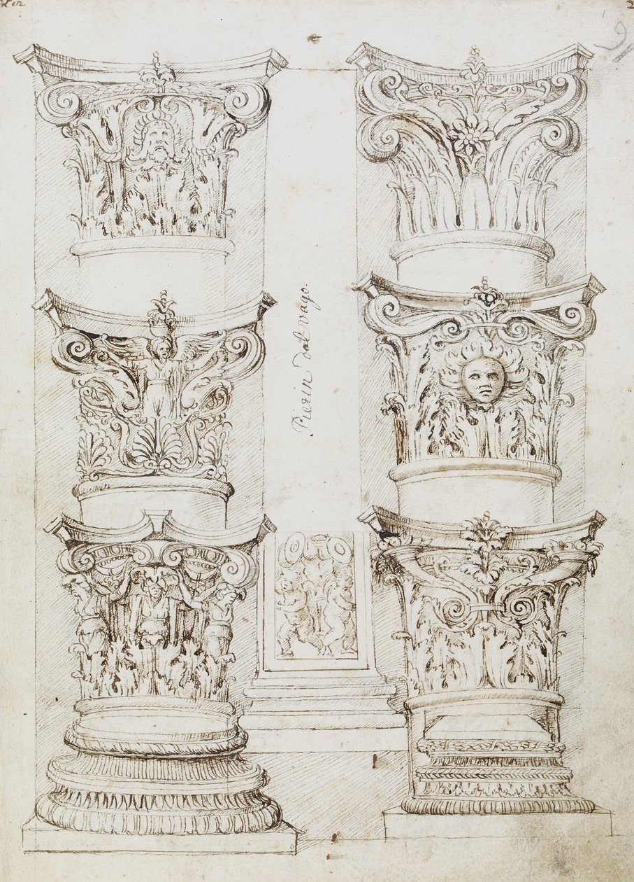 Six Capitals, a Lesene and Two Column Bases, Folio 1, The Master of the Oxford Album, ca. 1512-17 (pen og mørkebrunt blæk) af English School