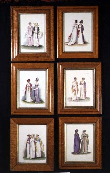 Seks miniaturer, der forestiller slutningen af det 18. og begyndelsen af det 19. århundrede damemode, ca. 1825 (akvarel på papir) af English School