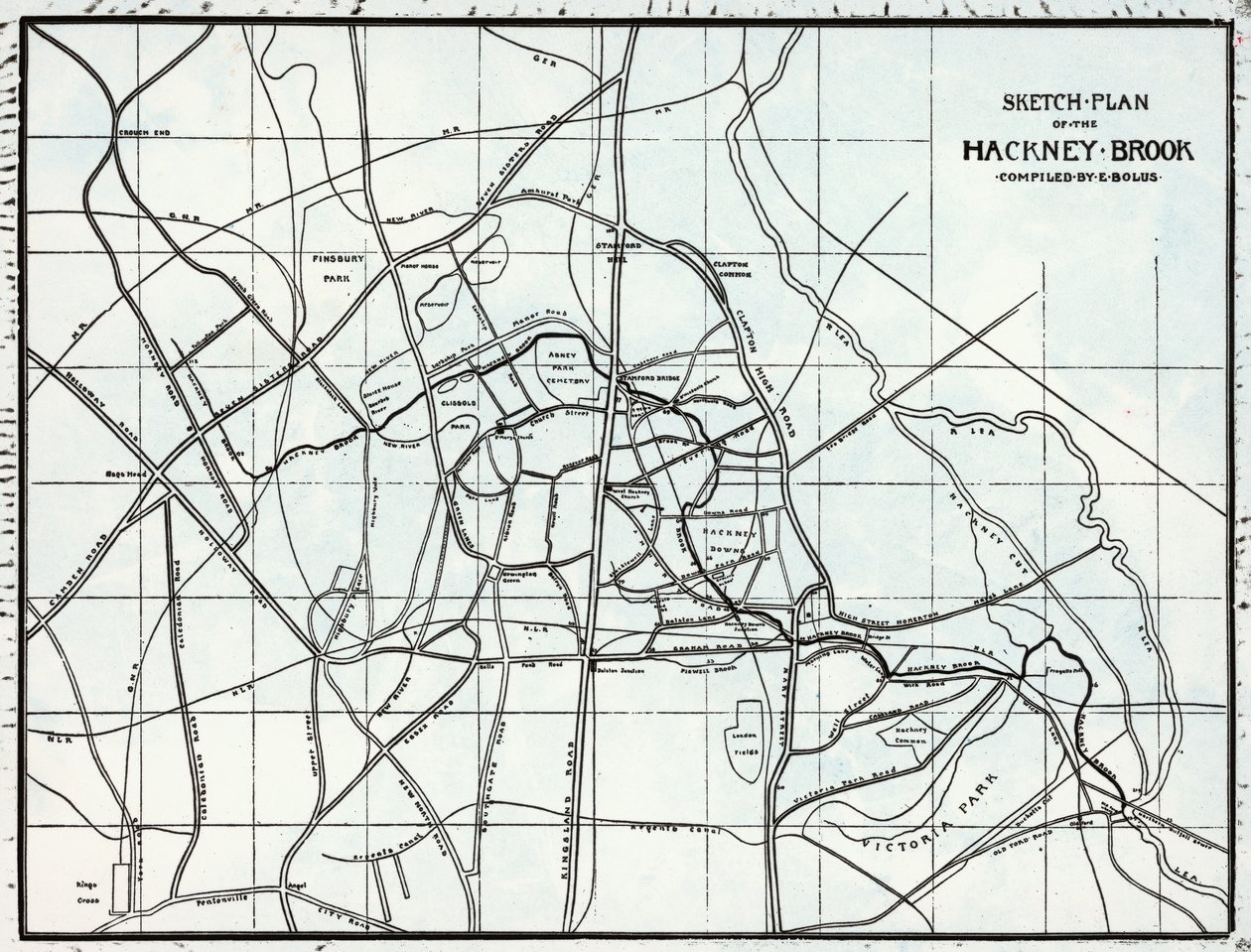 Skitseplan for Hackney Brook, udarbejdet af E. Bolus af English School