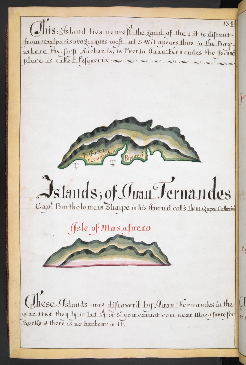 Sloane MS 44, f.269v, Kort over Juan Fernández i William Hacks South Sea Wagoner af English School
