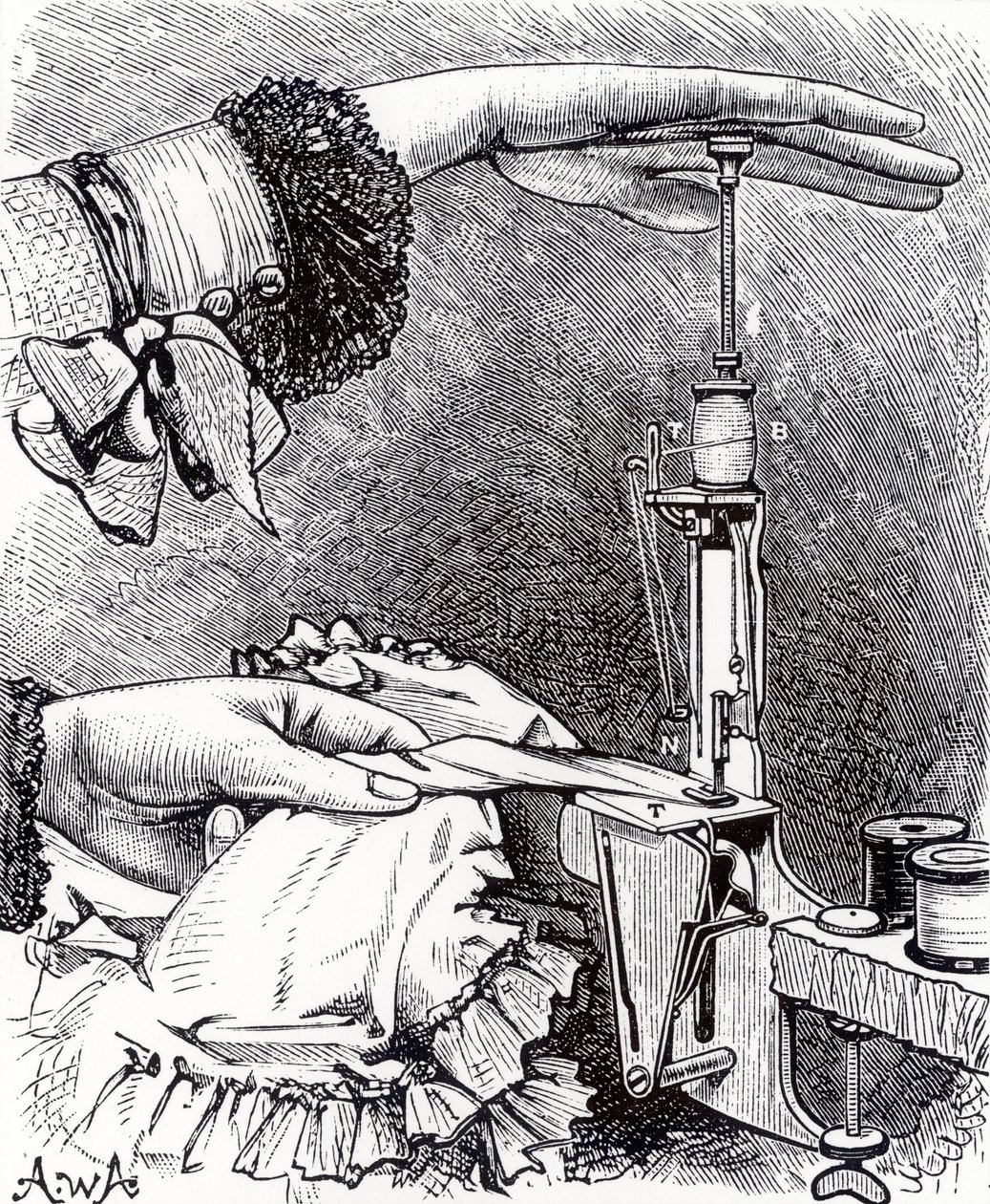 Lille låsesømssymaskine, otte tommer lang, vejer 8 ounce, fra Cassells Family Magazine, udgivet 1886 af English School