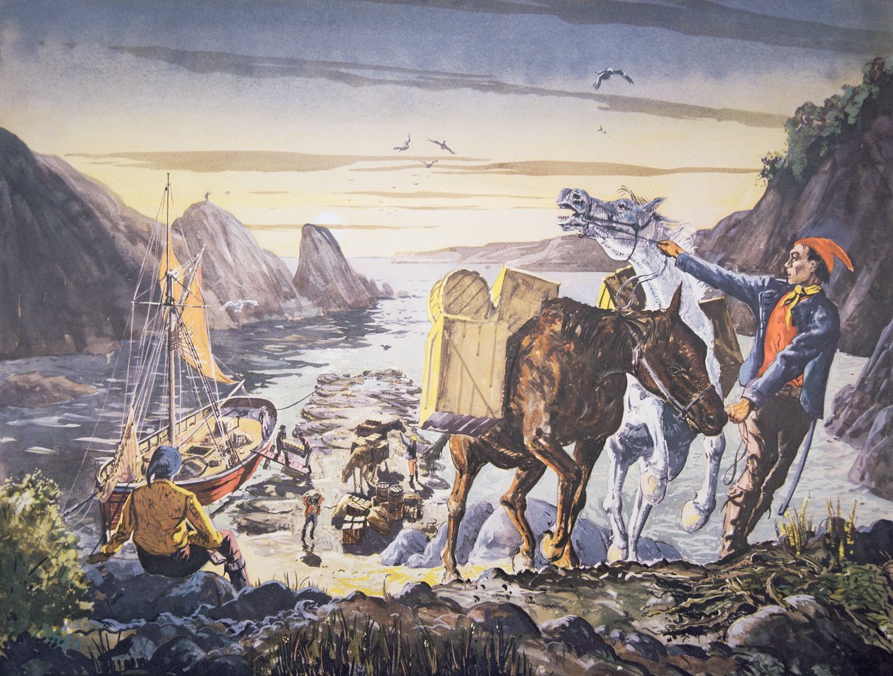 Smuglere laster smuglergods på deres ponyer til rejsen ind i landet (litho) af English School
