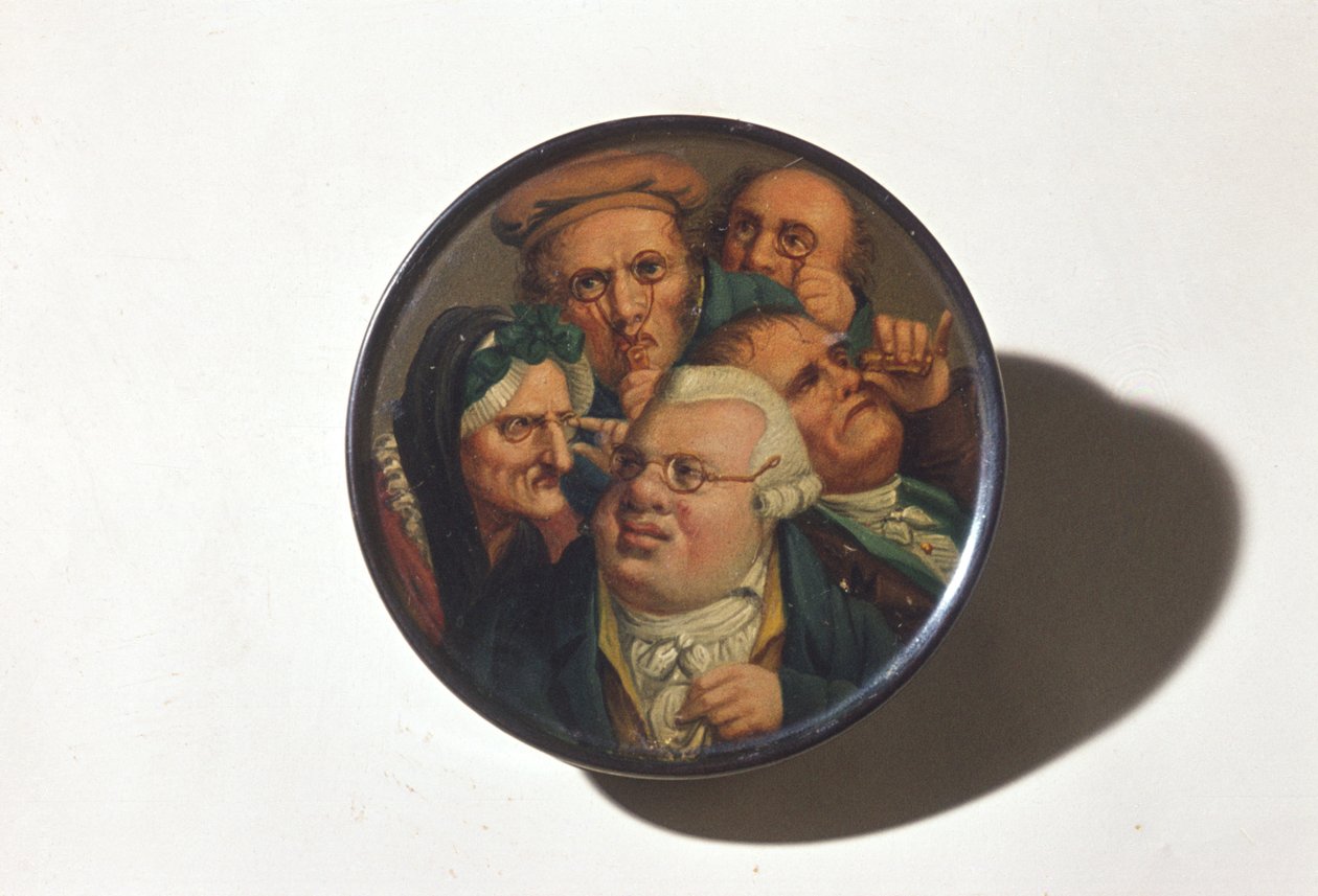Snusdåse, håndmalet med en scene af forskellige slags briller, tidligt i det 19. århundrede (papier mache) af English School