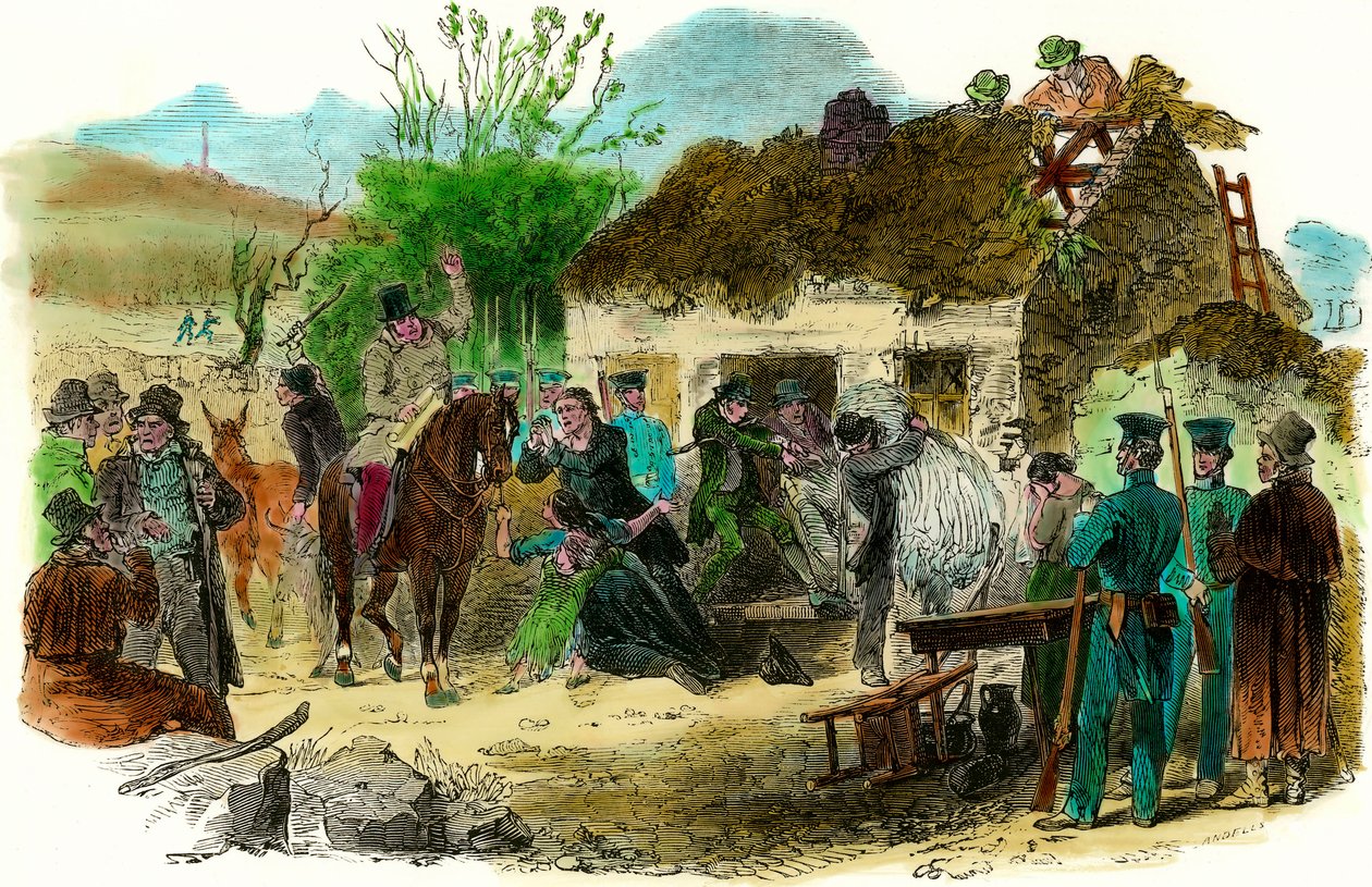 Sociale forhold i Irland i 1848 udvisning af bønder (illustration london news af 16. december 1848) af English School