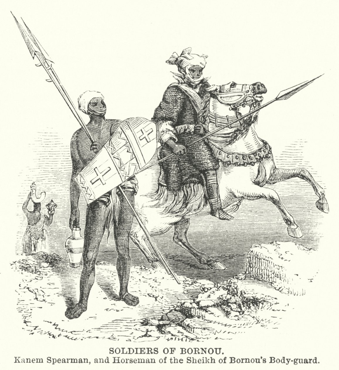 Soldater fra Bornou, Kanem Spearman og ryttere fra sheiken af Bornous livgarde (gravering) af English School