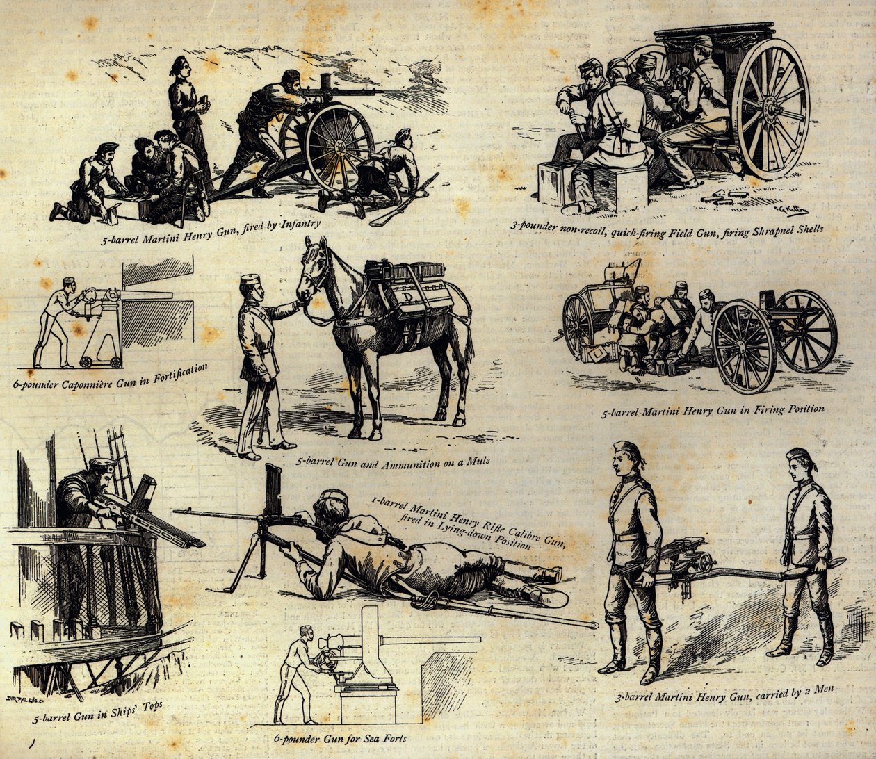 Nogle varianter af Nordenfelt-pistolen, som nu bruges i hæren og flåden, fra The Graphic, 10. april 1886 af English School
