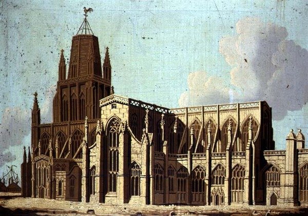 Sydøst udsigt over St. Mary Redcliffe Church i Bristol, ca. 1800 (olie på lærred) af English School