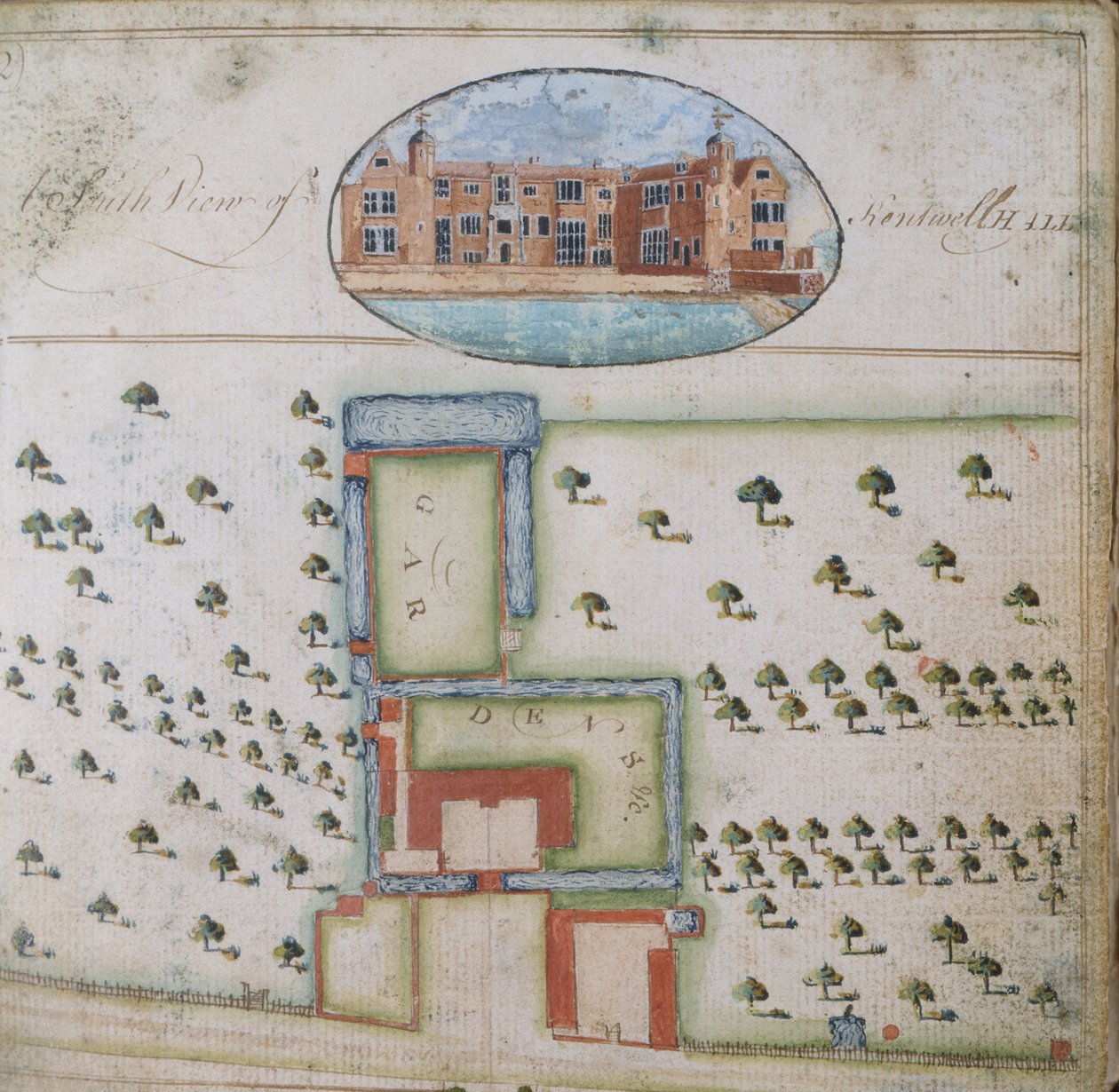 South View af Kentwell Hall, fra Survey of the Estate of Richard Moore, Esq. Kentwell Hall, Suffolk, 1777 (pen & blæk og gouache på papir) af English School