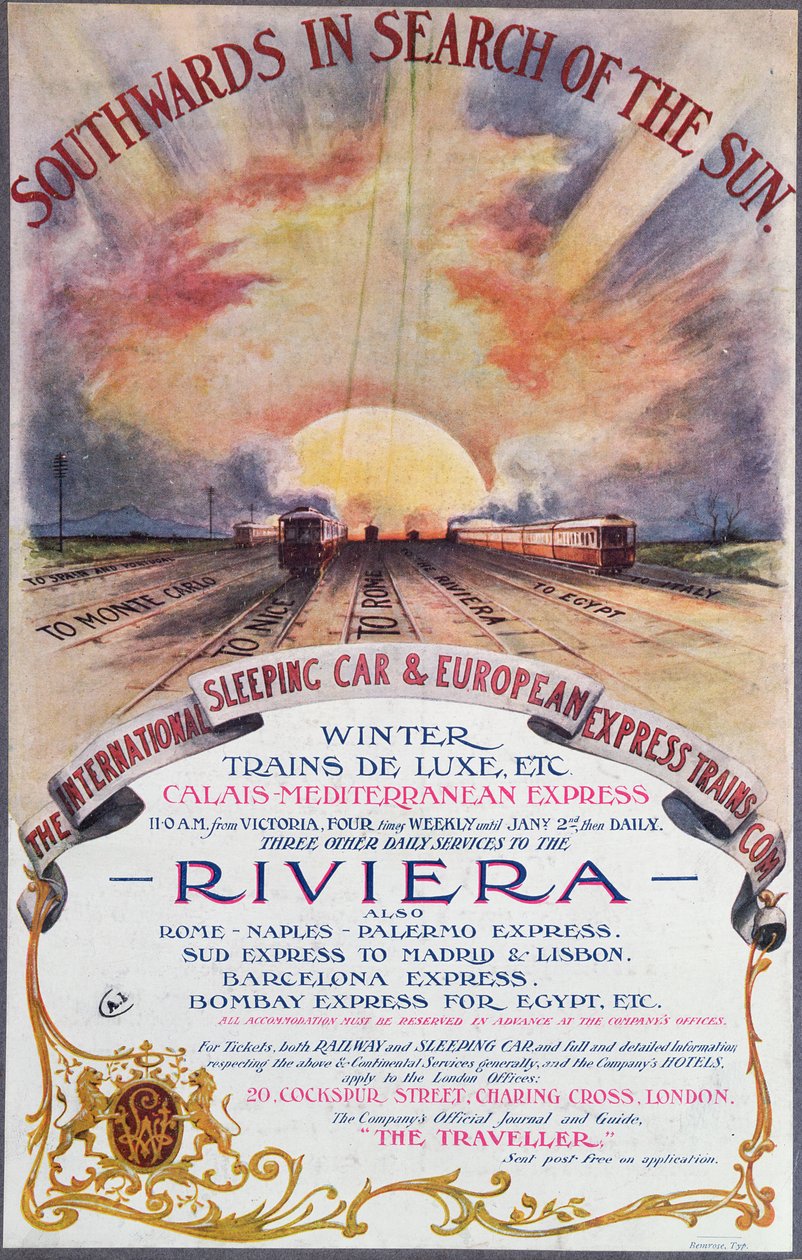 Sydpå til solen, plakat, der reklamerer for International Sleeping Car Train Company-tjenester til den franske riviera, ca. 1910 af English School