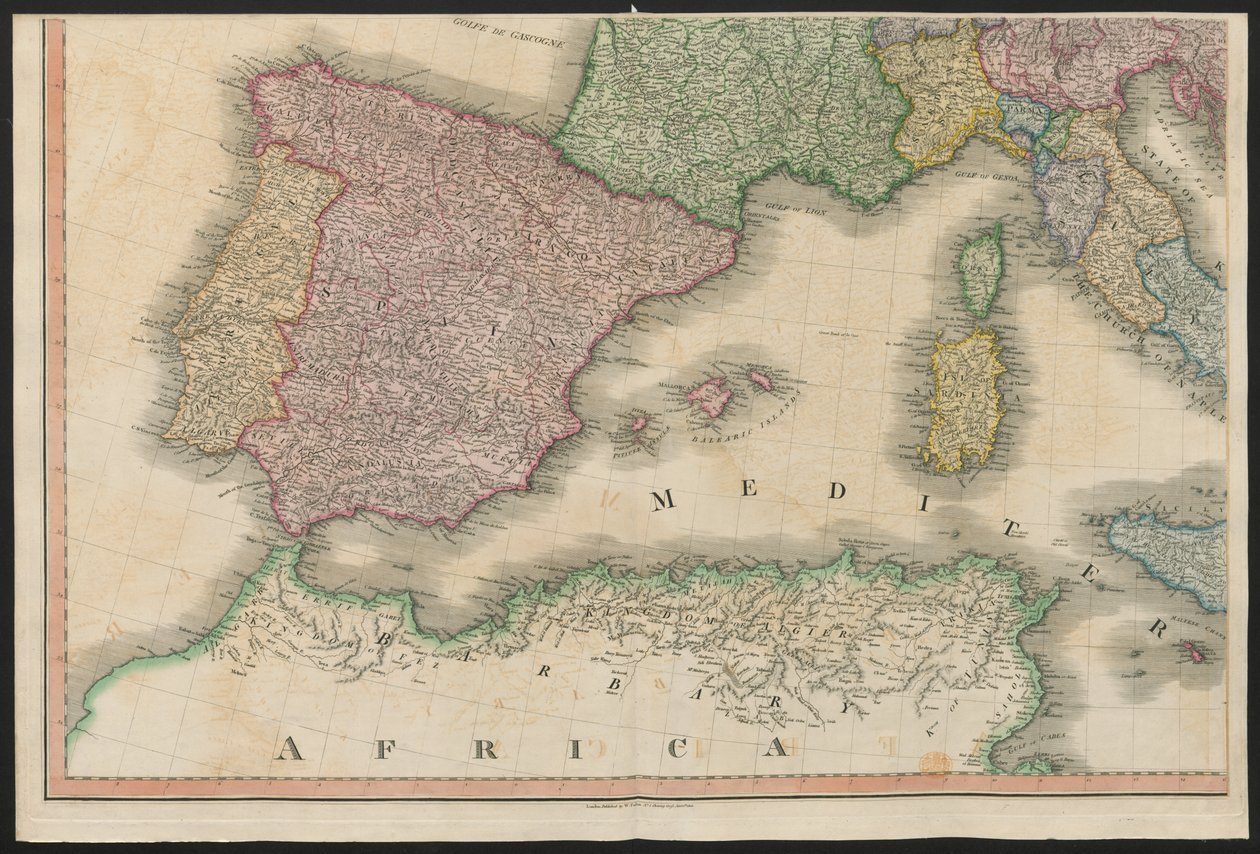 Spanien og Portugal, fra Europa, der beskriver alle ændringerne i territoriet, sammen med deres afvigelser i grænselinjerne for dets adskillige imperier og stater, der er blevet enige om og bekræftet af den endelige traktat i Paris, 20. nov. 1815, udgivet  af English School