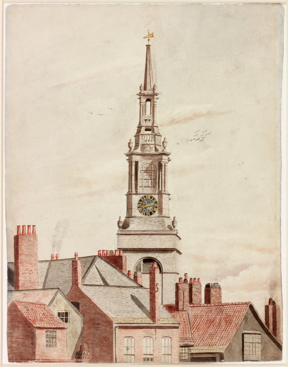 Spire of All Saints Parish Church (farve, blyant og akvarel på papir) af English School