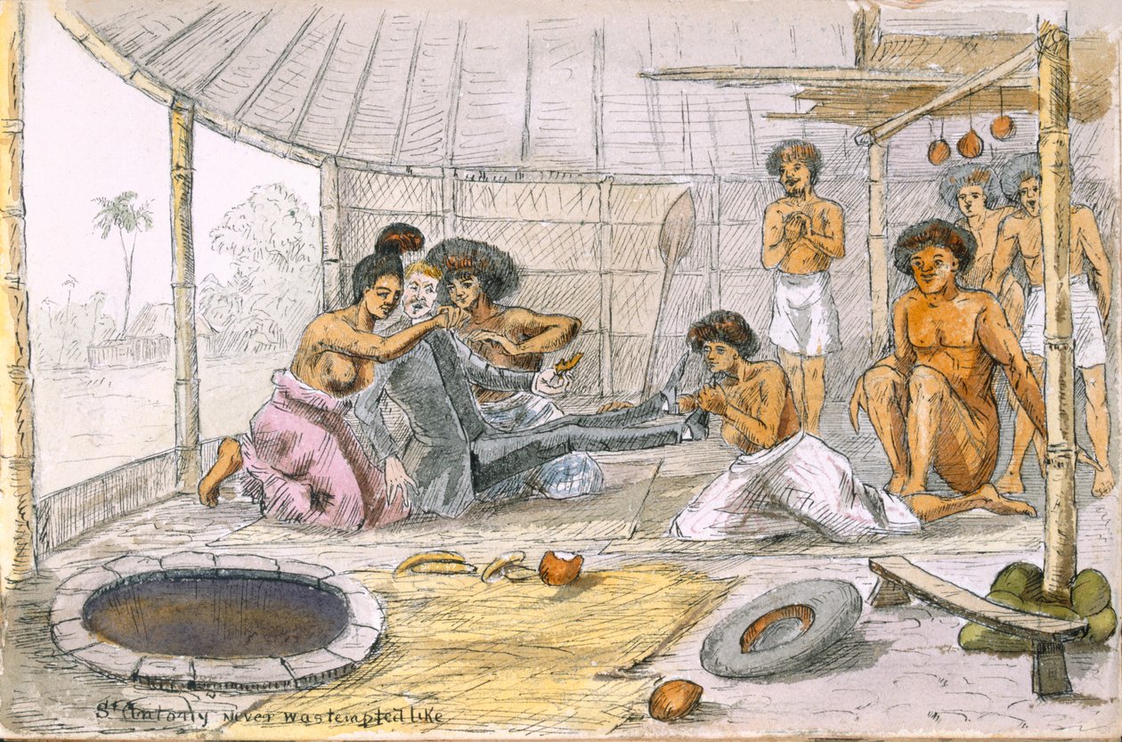 Sankt Antonius blev aldrig fristet som... fra Ye Pilgrimage of ye Revnd. Simpleheart, Adventures of a naiv missionary in the South Seas, ca. 1880 (pen & wc på papir) af English School