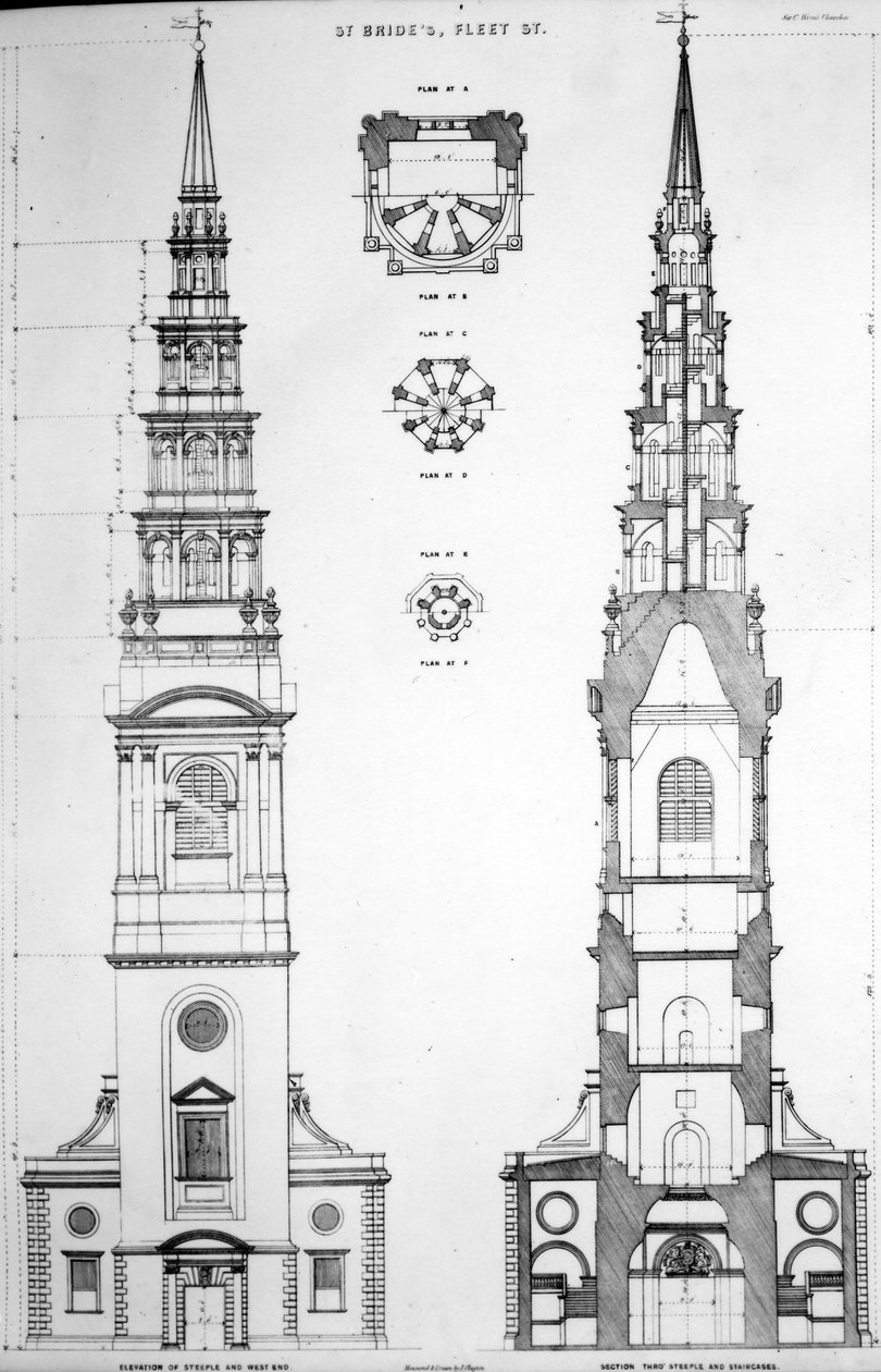 St. Brides, Fleet Street, Elevation of the West End, 1800-tallet af English School