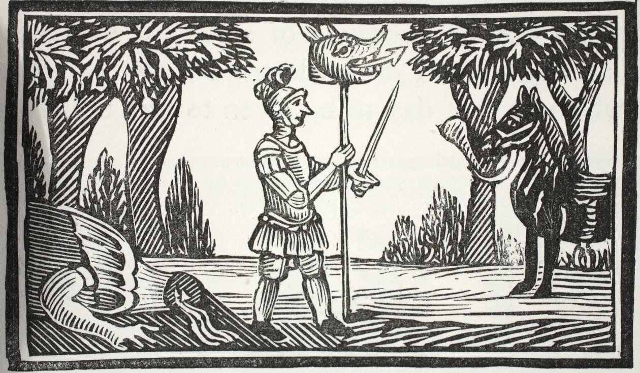 St George with the Dragons head, illustration fra Chap-books of the Eighteenth Century af John Ashton, pub. 1882 af English School