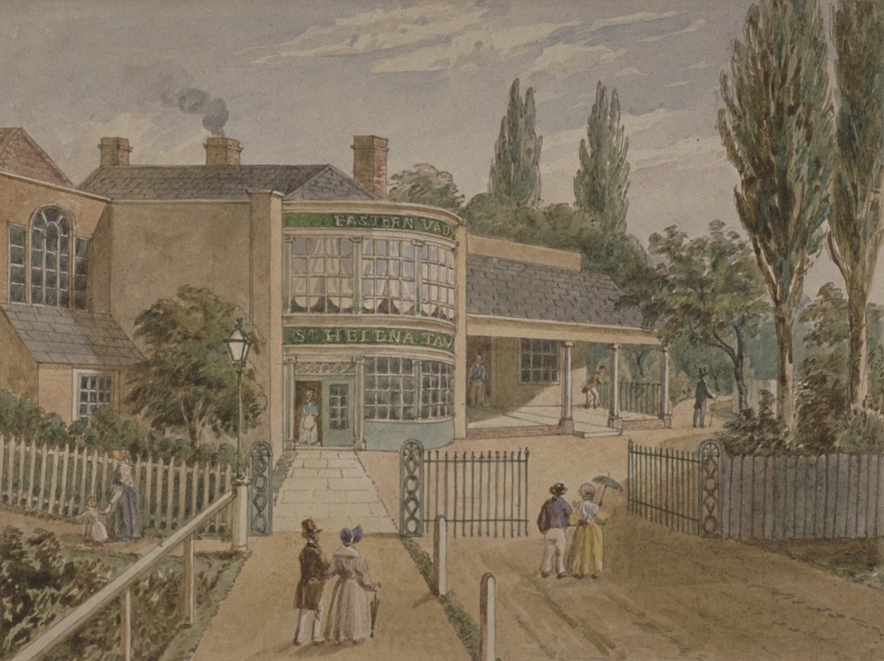 St Helena tehaver, Lower Road, Rotherhithe, ca. 1860 (wc på papir) af English School