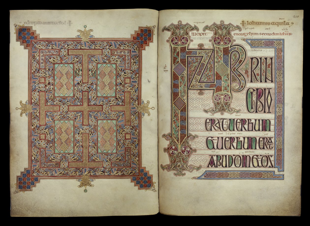 Johannesevangeliet; tæppeside og incipitside, Cotton Nero D. IV, f.210v og f.211r fra Lindisfarne Gospels, 710-721 (pergament) af English School
