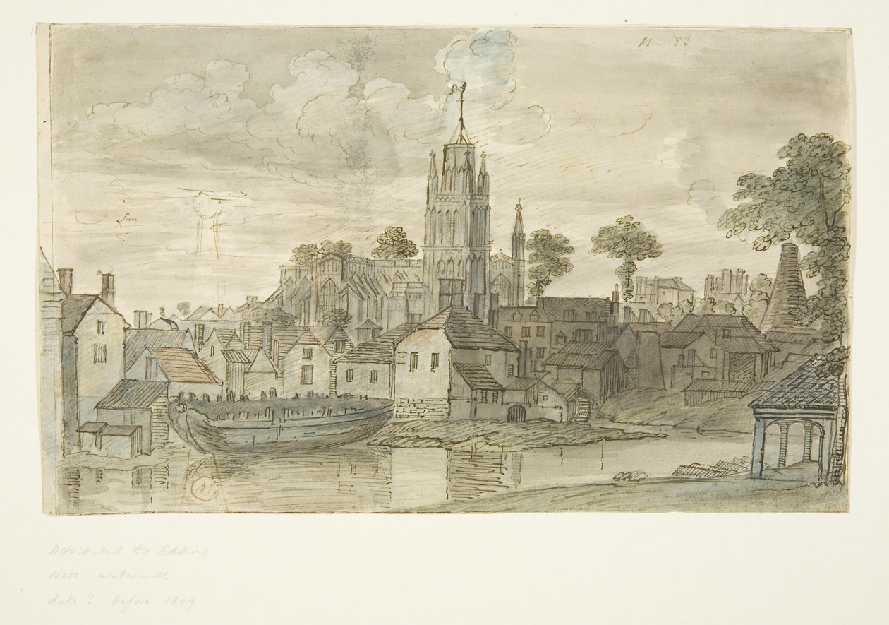 St Mary Redcliffe Church fra Redcliffe Back (med pen og blæktegning af løve på bagsiden) (blyant og akvarel på papir) af English School