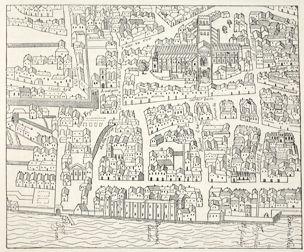 St Pauls and Neighbourhood, fra Aggas Plan, 1563 af English School