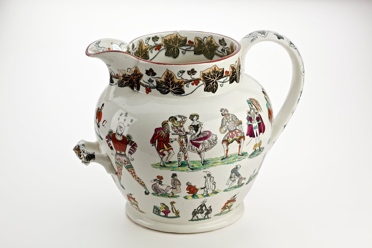 Staffordshire kande dekoreret med harlekinfigurer og karnevalstema, 1866 (jernstenskina) af English School