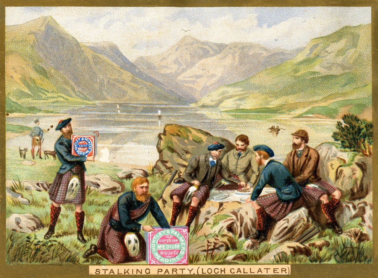 Stalking Party, Loch Callater, et salgsfremmende kort til Huntley & Palmers Biscuits, ca. 1890 (farve litho af English School