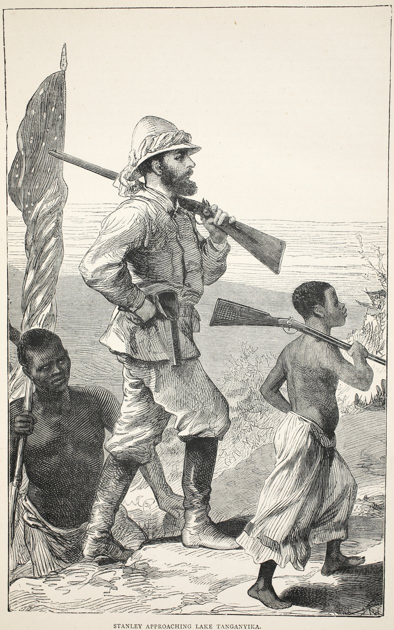 Stanley nærmer sig Tanganyika-søen, illustration fra The Pictorial Edition of the Life and Discoveries of David Livingstone af J. Ewing Richie, pub. af A. Fullarton & Co., 1876 af English School