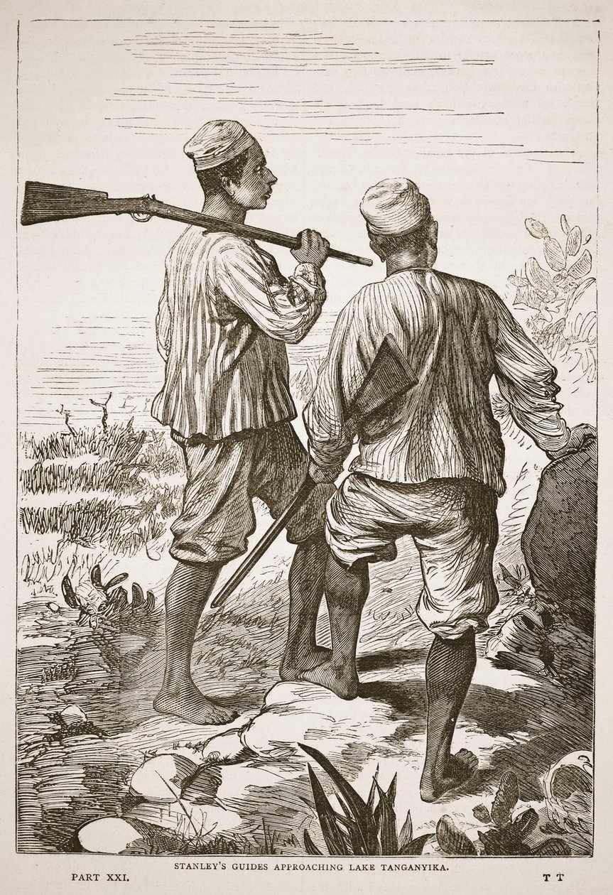 Stanleys guider nærmer sig Tanganyika-søen, illustration fra The Pictorial Edition of the Life and Discoveries of David Livingstone af J. Ewing Richie, pub. af A. Fullarton & Co., 1876 af English School