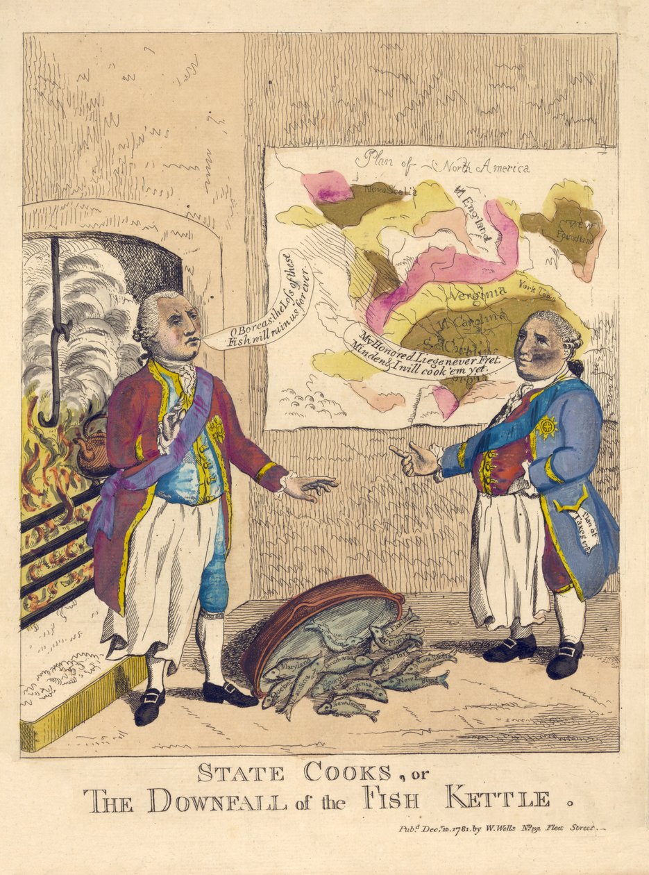 State Cooks, eller The Downfall of the Fish Kettle, pub. 1781 (håndfarvet gravering) af English School