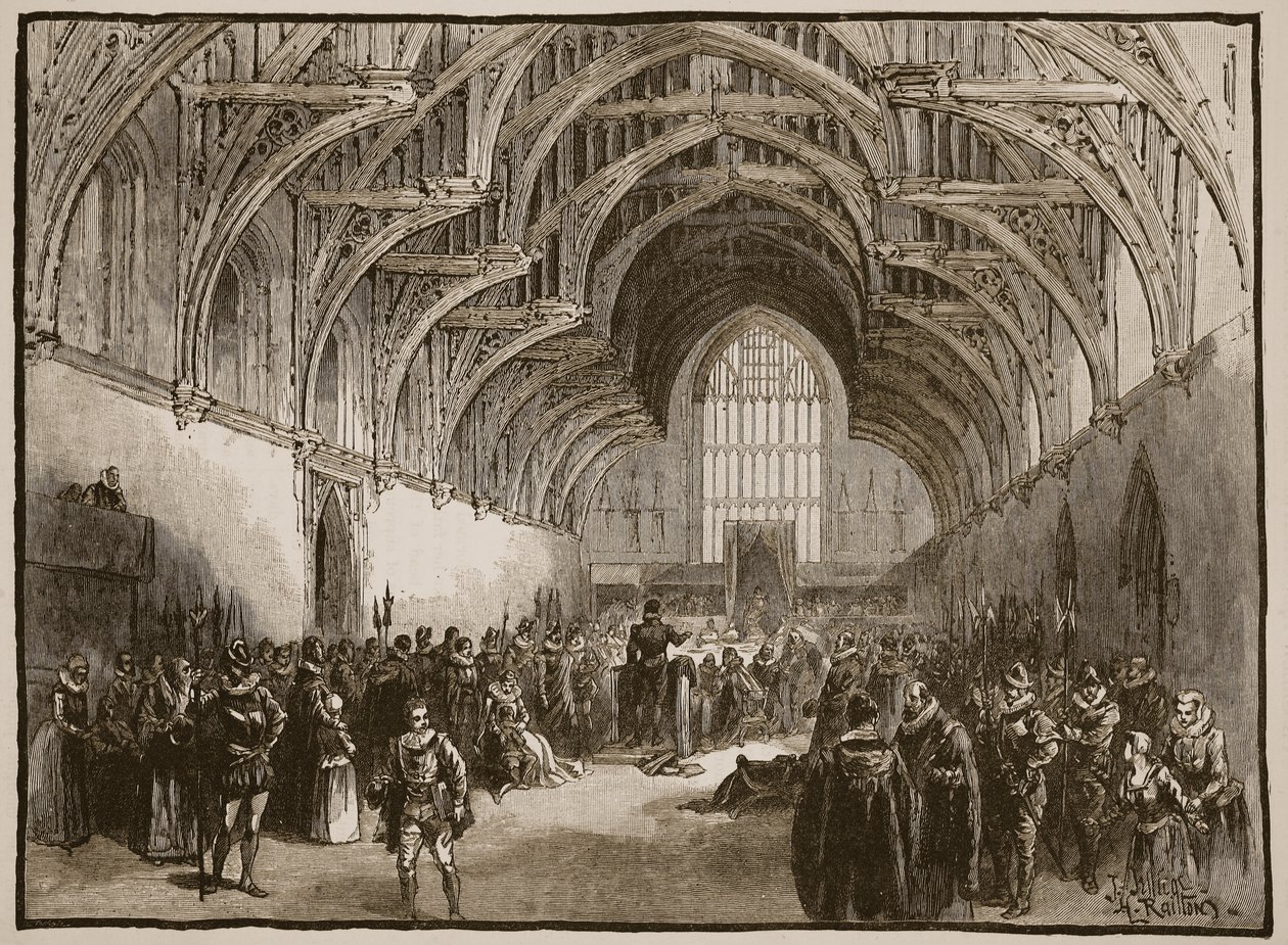 Statsretssag i Westminster Hall på Elizabeths tid, illustration fra Cassells Illustrated History of England af English School