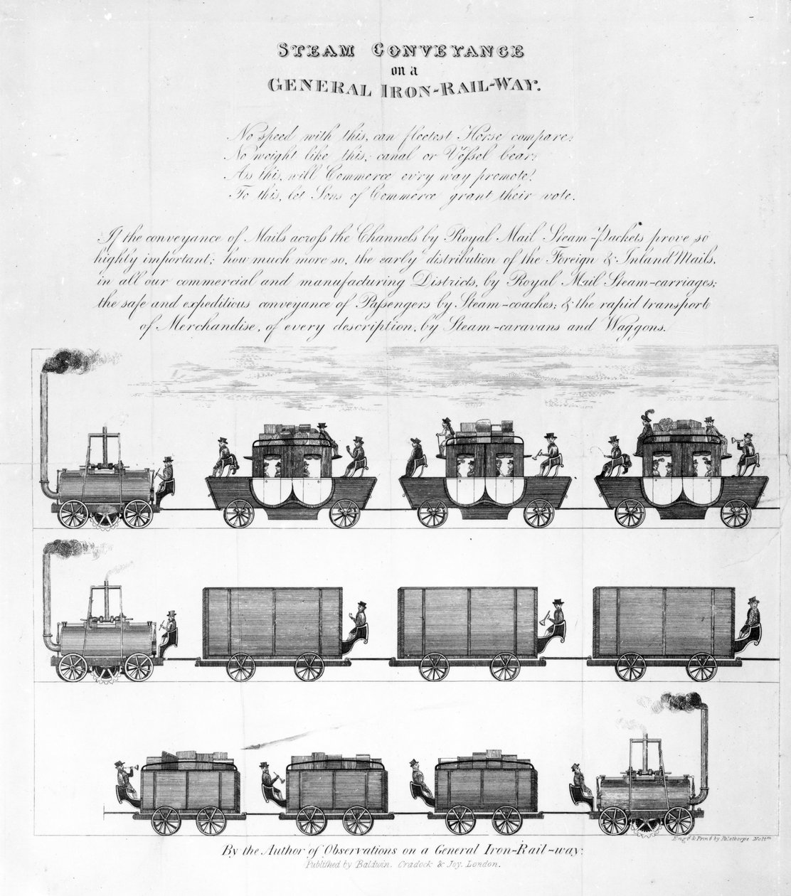 Damptransport på en almindelig jernjernbane, 1825 (gravering) af English School