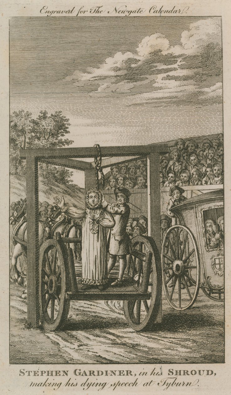 Stephen Gardiner i sit ligklæde holder sin dødstale på Tyburn (kobberstik) af English School