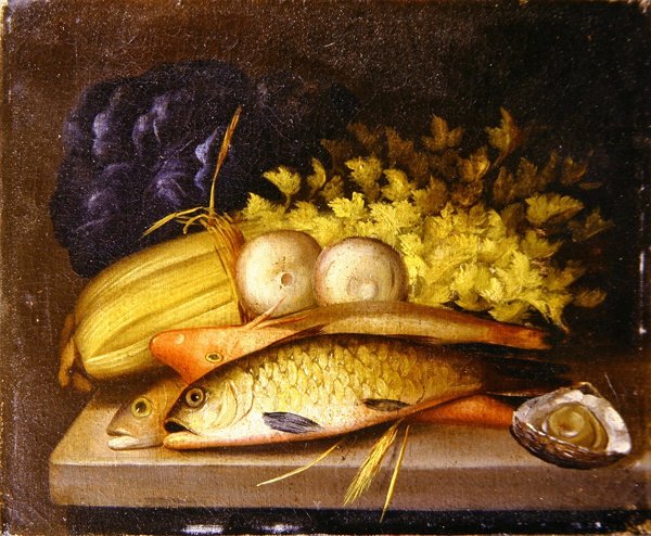 Stilleben af fisk, ca. 1840 (olie på lærred) af English School