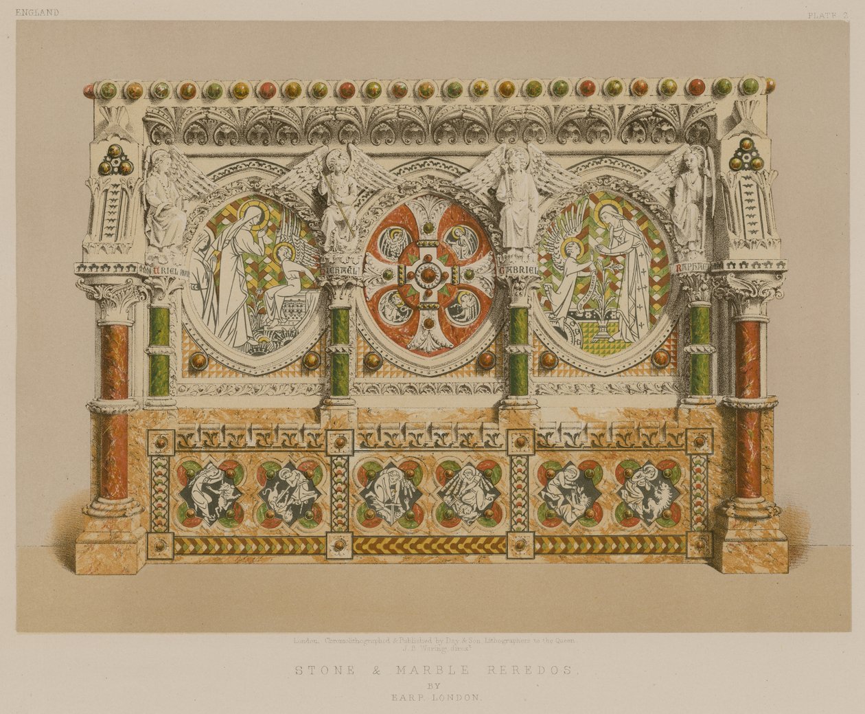 Sten- og marmorretabel af Earp, London (chromolitho) af English School