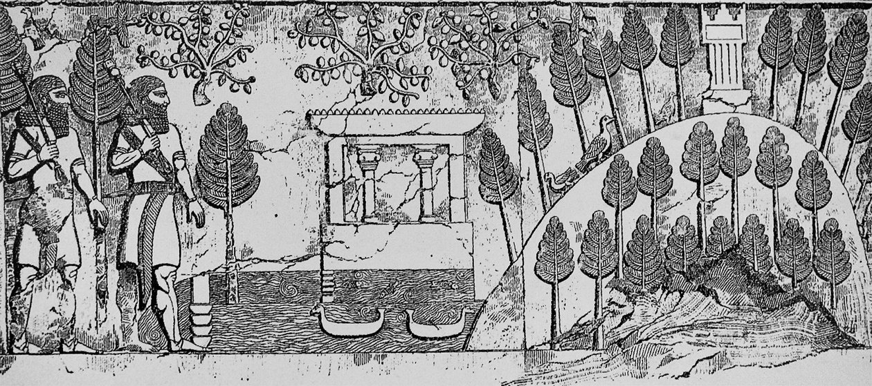Stenbas-relief af et tempel og en kunstig bakke i parken Sargon II ved Khorsabad, ca. 715 f.Kr. af English School