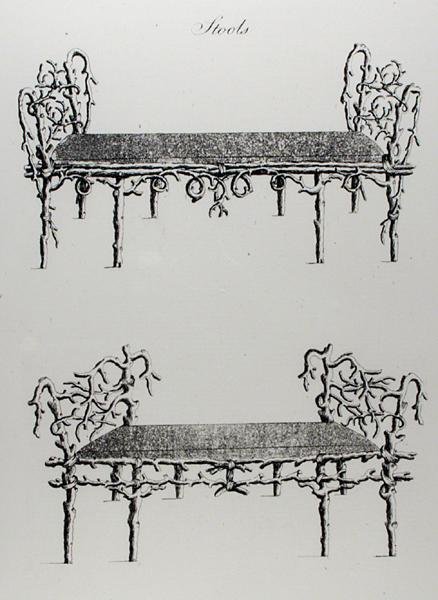 Taburetter, fra "Grotesque Architecture, or Rural Amusement", af William Wrighte, udgivet 1768 (stik) (s/h foto) af English School