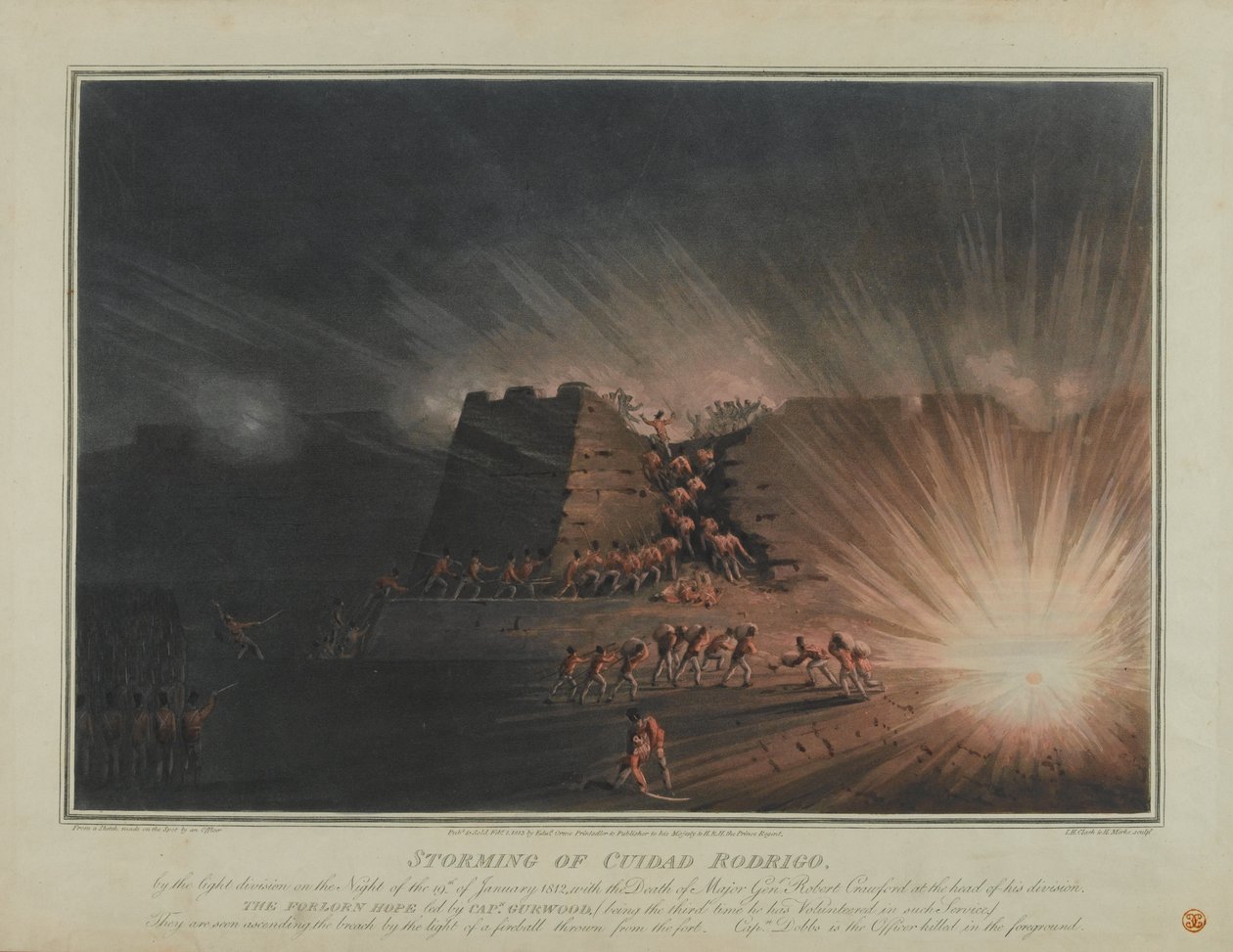Stormning af Ciudad Rodrigo af Light Division natten til den 19. januar 1812, indgraveret af J.H. Clark og H. Merke, udgivet i februar 1815 (farvet akvatint) af English School