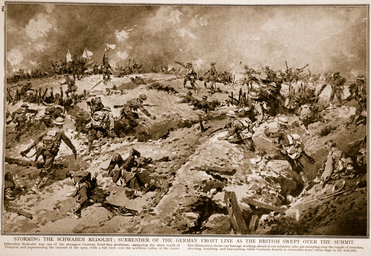 Stormning af Schwaben Redoubt: overgivelse af den tyske frontlinje, da briterne fejede ind over topmødet, 1914-19 af English School