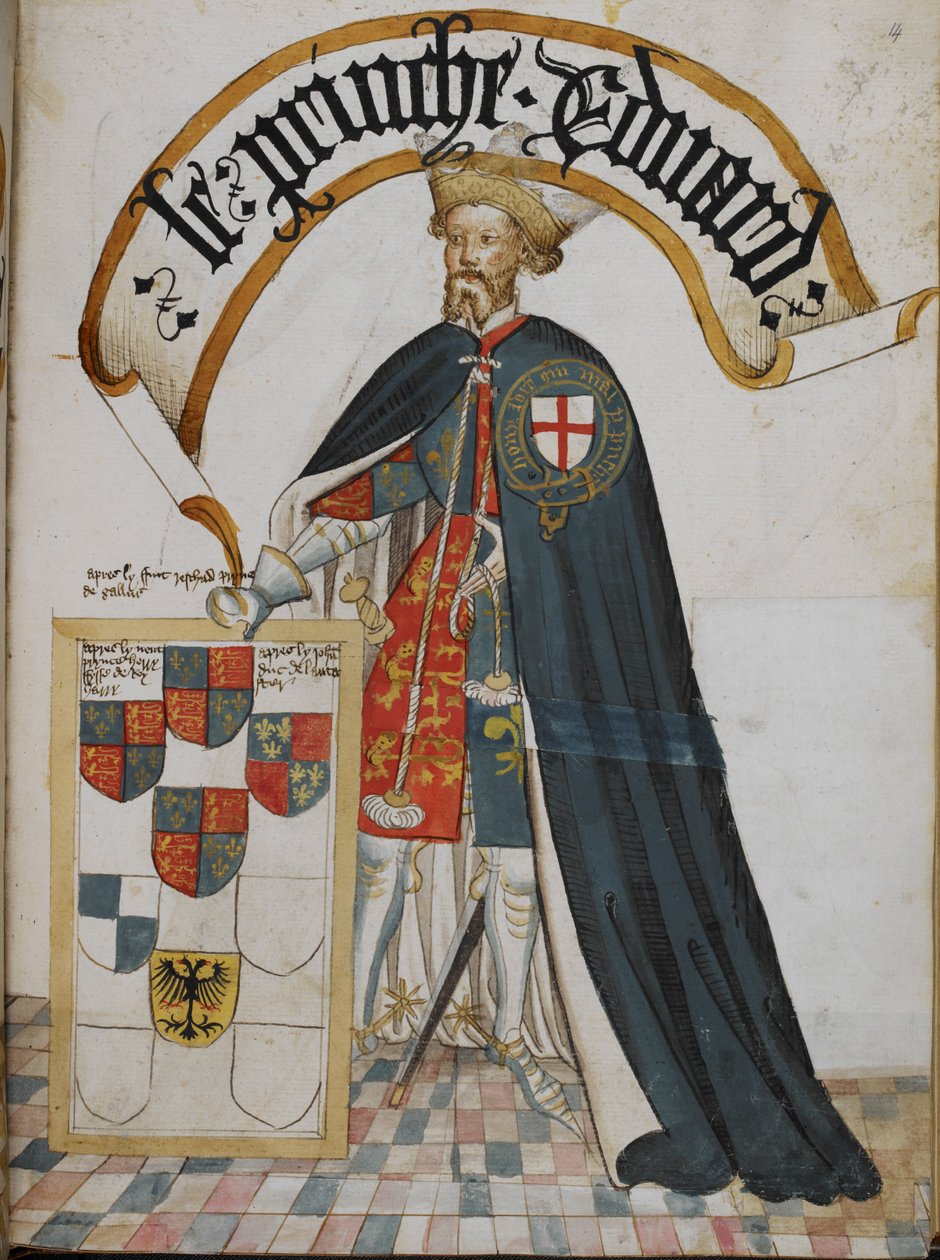 Stowe 594, f.14 Portræt af Edward, Prince of Wales [den sorte prins], en ridderstifter af strømpebåndsordenen, fra 