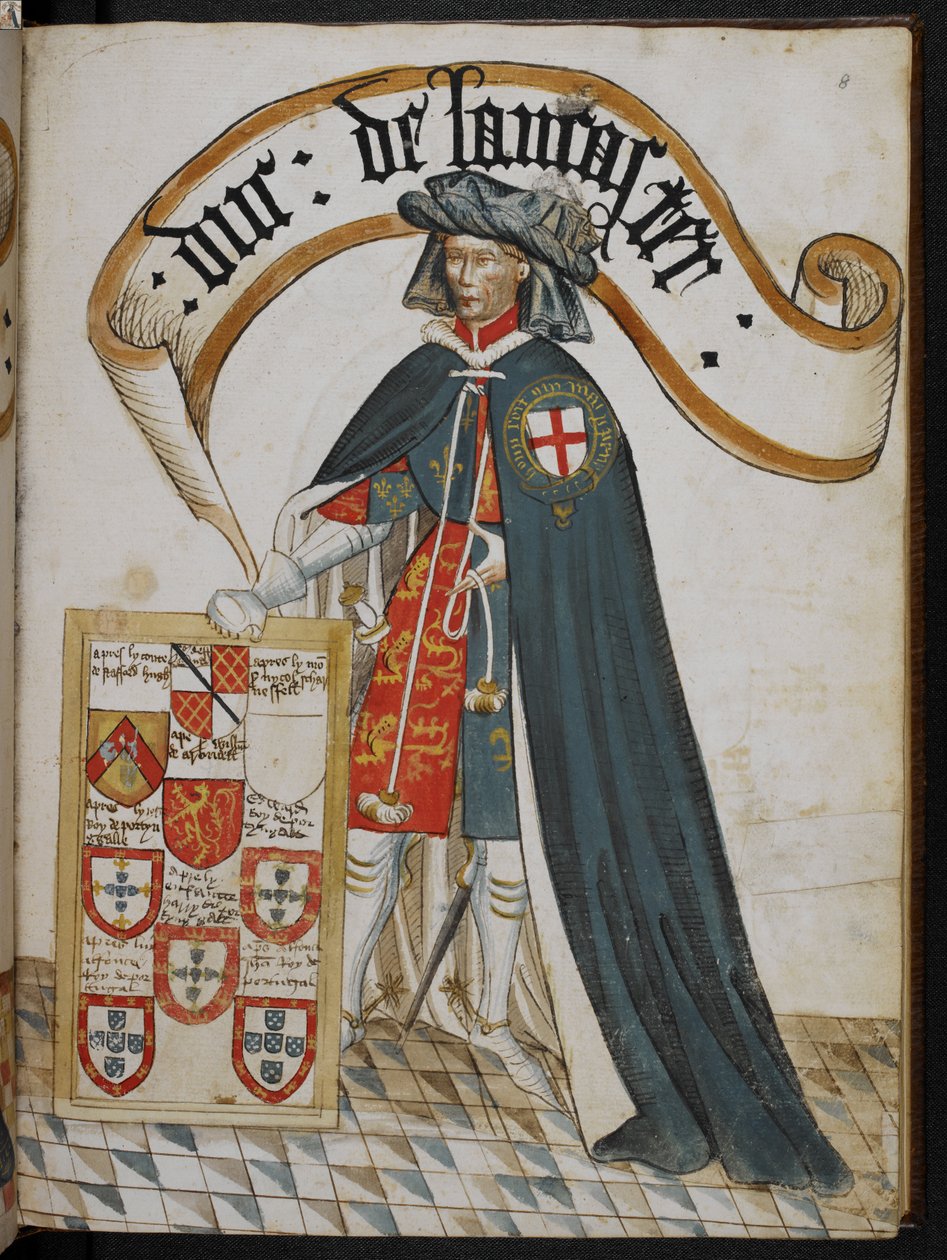 Stowe 594 f.8, Portræt af Henry, hertug af Lancaster, en ridderstifter af strømpebåndsordenen, illustration fra 