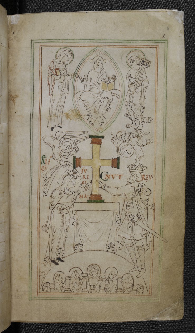 Stowe 944 f.6 Kong Cnut og hans dronning, Aelfgyfu, præsenterer et kors på den nye ministers alter, 